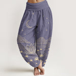 Buddha Stones Pure Cotton Elegant Moon Star Cloud Lotus Flower Water Ripple Pattern Women's Elastic Waist Harem Pants