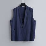 Buddha Stones Summer Solid Color V-Neck Frog-Button Sleeveless Men's Cotton Linen Vest