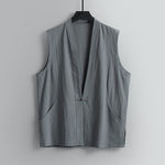 Buddha Stones Summer Solid Color V-Neck Frog-Button Sleeveless Men's Cotton Linen Vest
