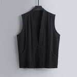 Buddha Stones Summer Solid Color V-Neck Frog-Button Sleeveless Men's Cotton Linen Vest