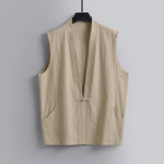 Buddha Stones Summer Solid Color V-Neck Frog-Button Sleeveless Men's Cotton Linen Vest