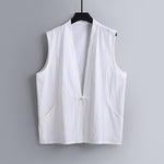 Buddha Stones Summer Solid Color V-Neck Frog-Button Sleeveless Men's Cotton Linen Vest