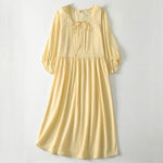 Buddha Stones Spring Solid Color Lace-up Crew Neck Design Three Quarter Sleeve Women's Midi Dress