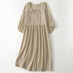 Buddha Stones Spring Solid Color Lace-up Crew Neck Design Three Quarter Sleeve Women's Midi Dress