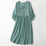 Buddha Stones Spring Solid Color Lace-up Crew Neck Design Three Quarter Sleeve Women's Midi Dress
