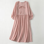 Buddha Stones Spring Solid Color Lace-up Crew Neck Design Three Quarter Sleeve Women's Midi Dress