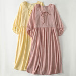 Buddha Stones Spring Solid Color Lace-up Crew Neck Design Three Quarter Sleeve Women's Midi Dress