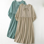 Buddha Stones Spring Solid Color Lace-up Crew Neck Design Three Quarter Sleeve Women's Midi Dress
