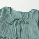 Buddha Stones Spring Solid Color Lace-up Crew Neck Design Three Quarter Sleeve Women's Midi Dress