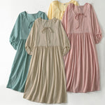 Buddha Stones Spring Solid Color Lace-up Crew Neck Design Three Quarter Sleeve Women's Midi Dress