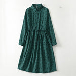 Buddha Stones Spring Grass Vines Print Buttons Design Long Sleeve Midi Dress With Pockets