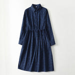 Buddha Stones Spring Grass Vines Print Buttons Design Long Sleeve Midi Dress With Pockets