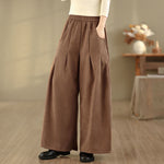 Buddha Stones Spring Plain Brown Corduroy Women's Wide Leg Pants With Pockets