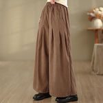 Buddha Stones Spring Plain Brown Corduroy Women's Wide Leg Pants With Pockets