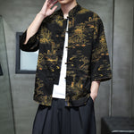 Buddha Stones Spring Frog-Button Dragon Mountain Flower Three Quarter Sleeve Tang Suit Men's Shirt With Pockets