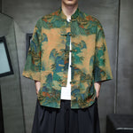 Buddha Stones Spring Frog-Button Dragon Mountain Flower Three Quarter Sleeve Tang Suit Men's Shirt With Pockets