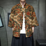 Buddha Stones Spring Frog-Button Dragon Mountain Flower Three Quarter Sleeve Tang Suit Men's Shirt With Pockets