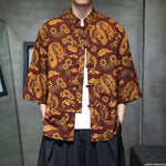 Buddha Stones Spring Frog-Button Dragon Mountain Flower Three Quarter Sleeve Tang Suit Men's Shirt With Pockets