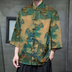 Buddha Stones Spring Frog-Button Dragon Mountain Flower Three Quarter Sleeve Tang Suit Men's Shirt With Pockets