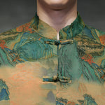 Buddha Stones Spring Frog-Button Dragon Mountain Flower Three Quarter Sleeve Tang Suit Men's Shirt With Pockets