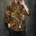 Buddha Stones Spring Frog-Button Dragon Mountain Flower Three Quarter Sleeve Tang Suit Men's Shirt With Pockets