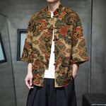 Buddha Stones Spring Frog-Button Dragon Mountain Flower Three Quarter Sleeve Tang Suit Men's Shirt With Pockets