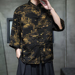 Buddha Stones Spring Frog-Button Dragon Mountain Flower Three Quarter Sleeve Tang Suit Men's Shirt With Pockets