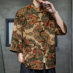 Buddha Stones Spring Frog-Button Dragon Mountain Flower Three Quarter Sleeve Tang Suit Men's Shirt With Pockets