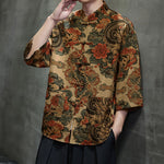 Buddha Stones Spring Frog-Button Dragon Mountain Flower Three Quarter Sleeve Tang Suit Men's Shirt With Pockets