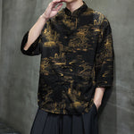 Buddha Stones Spring Frog-Button Dragon Mountain Flower Three Quarter Sleeve Tang Suit Men's Shirt With Pockets