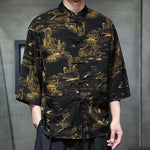 Buddha Stones Spring Frog-Button Dragon Mountain Flower Three Quarter Sleeve Tang Suit Men's Shirt With Pockets