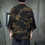 Buddha Stones Spring Frog-Button Dragon Mountain Flower Three Quarter Sleeve Tang Suit Men's Shirt With Pockets