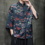 Buddha Stones Spring Frog-Button Dragon Mountain Flower Three Quarter Sleeve Tang Suit Men's Shirt With Pockets