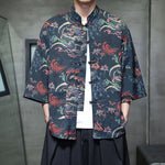 Buddha Stones Spring Frog-Button Dragon Mountain Flower Three Quarter Sleeve Tang Suit Men's Shirt With Pockets