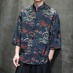 Buddha Stones Spring Frog-Button Dragon Mountain Flower Three Quarter Sleeve Tang Suit Men's Shirt With Pockets