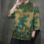 Buddha Stones Spring Frog-Button Dragon Mountain Flower Three Quarter Sleeve Tang Suit Men's Shirt With Pockets