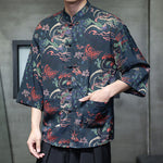 Buddha Stones Spring Frog-Button Dragon Mountain Flower Three Quarter Sleeve Tang Suit Men's Shirt With Pockets