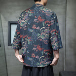 Buddha Stones Spring Frog-Button Dragon Mountain Flower Three Quarter Sleeve Tang Suit Men's Shirt With Pockets