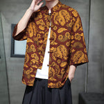 Buddha Stones Spring Frog-Button Dragon Mountain Flower Three Quarter Sleeve Tang Suit Men's Shirt With Pockets