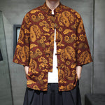 Buddha Stones Spring Frog-Button Dragon Mountain Flower Three Quarter Sleeve Tang Suit Men's Shirt With Pockets