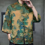 Buddha Stones Spring Frog-Button Dragon Mountain Flower Three Quarter Sleeve Tang Suit Men's Shirt With Pockets
