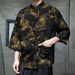 Buddha Stones Spring Frog-Button Dragon Mountain Flower Three Quarter Sleeve Tang Suit Men's Shirt With Pockets