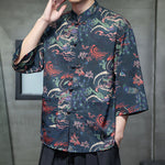 Buddha Stones Spring Frog-Button Dragon Mountain Flower Three Quarter Sleeve Tang Suit Men's Shirt With Pockets