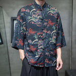 Buddha Stones Spring Frog-Button Dragon Mountain Flower Three Quarter Sleeve Tang Suit Men's Shirt With Pockets