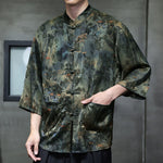 Buddha Stones Spring Frog-Button Dragon Mountain Flower Three Quarter Sleeve Tang Suit Men's Shirt With Pockets