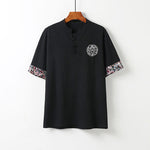 Buddha Stones Summer Frog-Button Auspicious Clouds Embroidery Design Short Sleeve Cotton Linen Men's Shirt
