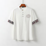 Buddha Stones Summer Frog-Button Auspicious Clouds Embroidery Design Short Sleeve Cotton Linen Men's Shirt