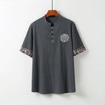 Buddha Stones Summer Frog-Button Auspicious Clouds Embroidery Design Short Sleeve Cotton Linen Men's Shirt