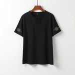 Buddha Stones Summer V-Neck Frog-Button Short Sleeve Clouds Embroidery Cotton Linen Men's Shirt