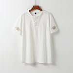 Buddha Stones Summer V-Neck Frog-Button Short Sleeve Clouds Embroidery Cotton Linen Men's Shirt